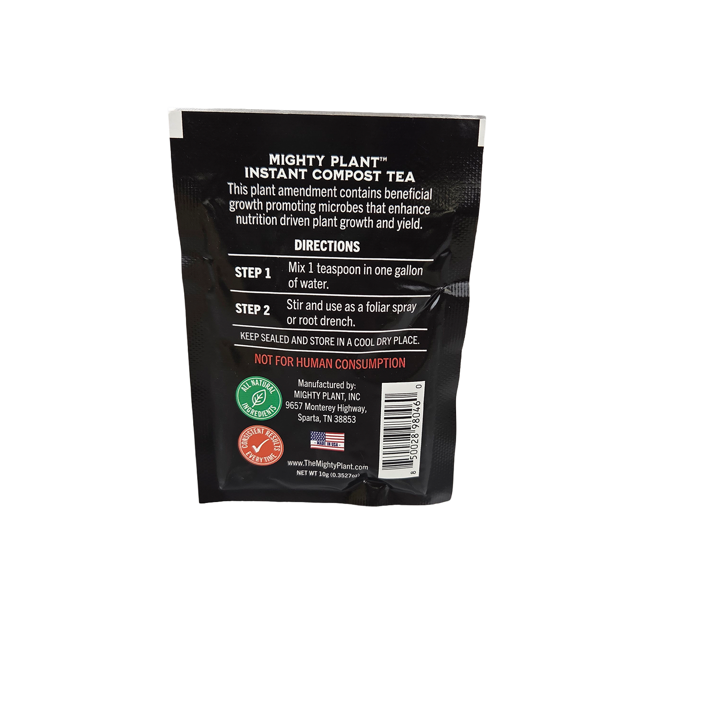 Back label of a Mighty Plant Instant Compost Tea 10 gram package on a white background