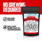 Mighty Plant Instant Compost Tea package with text on a red and white background including:  no brewing required, no bad odors, and will not burn due to overfeeding.