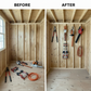 Before and after comparison showing yard tools cluttering the floor inside an unfinished shed versus neatly organized on the stud-mounted miscellaneous hook organizers.