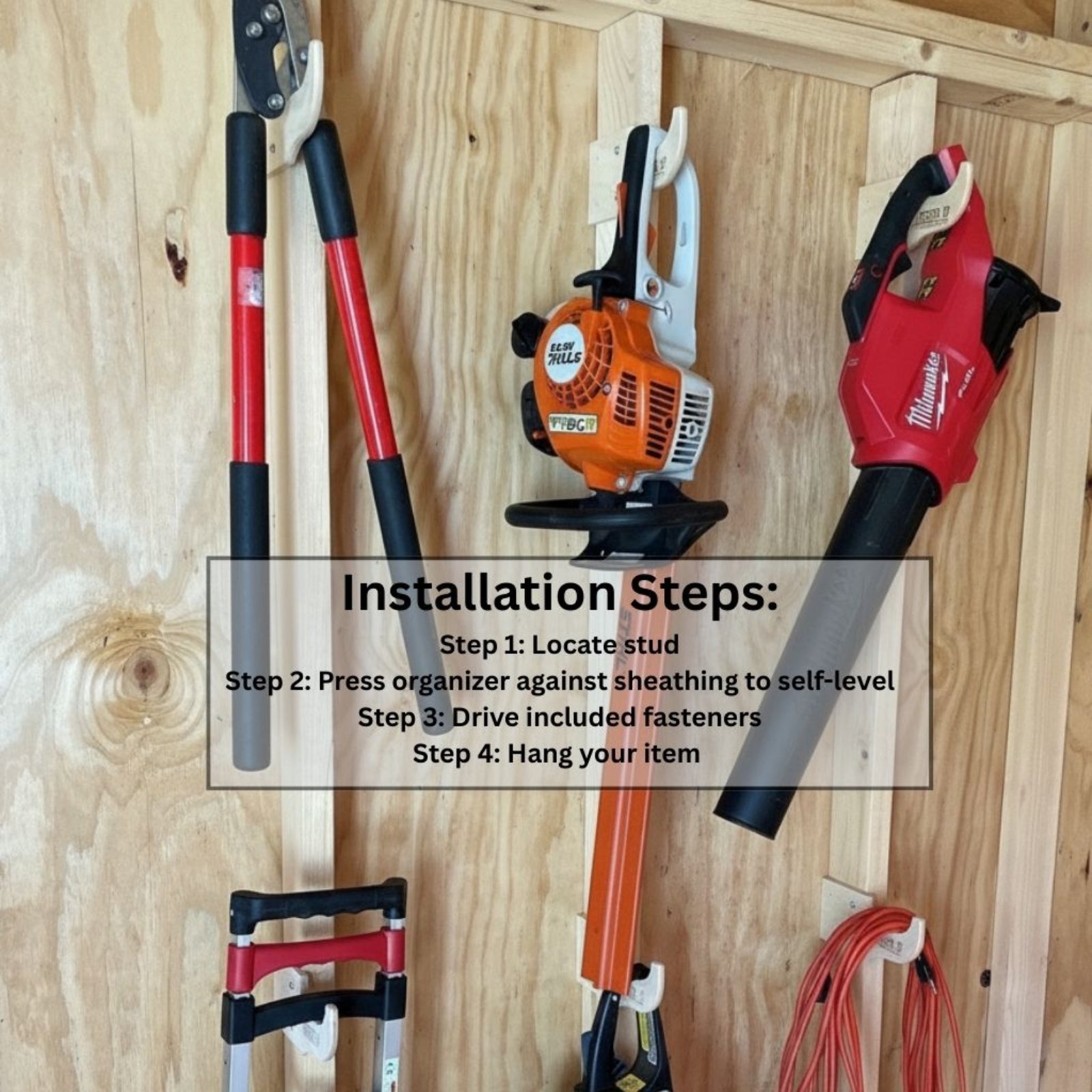 Installation guide for the stud-mounted miscellaneous hook organizer showing four steps: locate studs, position organizer, drive fasteners, and add your item to the hook.