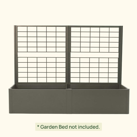 Modern metal raised garden bed in Urban Charcoal with trellis installed on a white background with text clarifying the garden bed is not included with the purchase of the trellis.