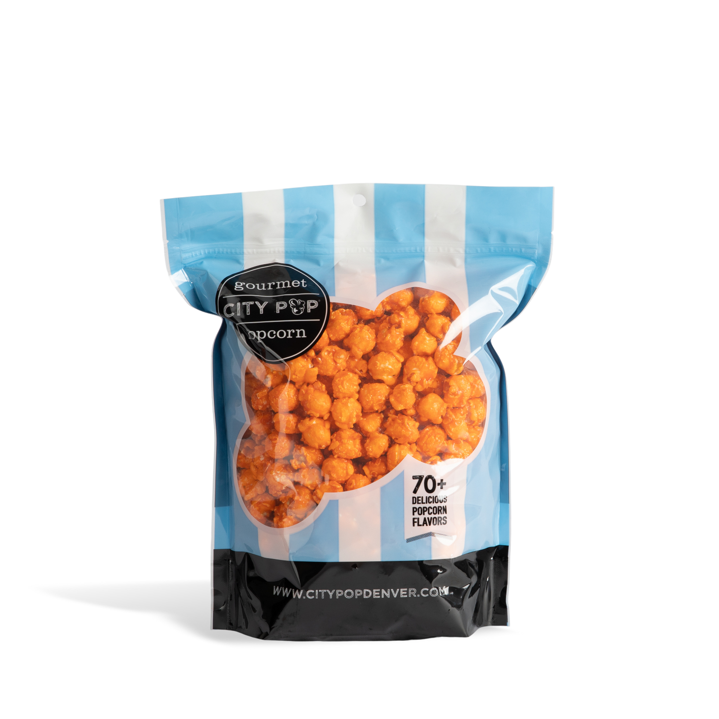 Bag of City Pop Orange popcorn with blue and white striped design on a white background