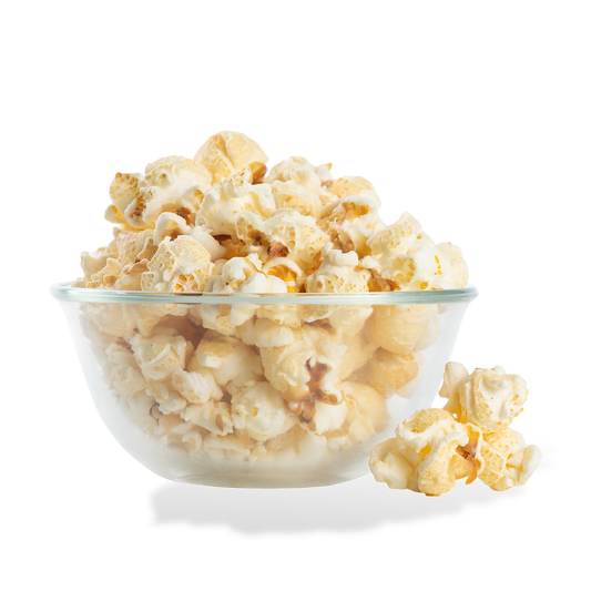 Parmesan Garlic Popcorn popped in a bowl on a white background