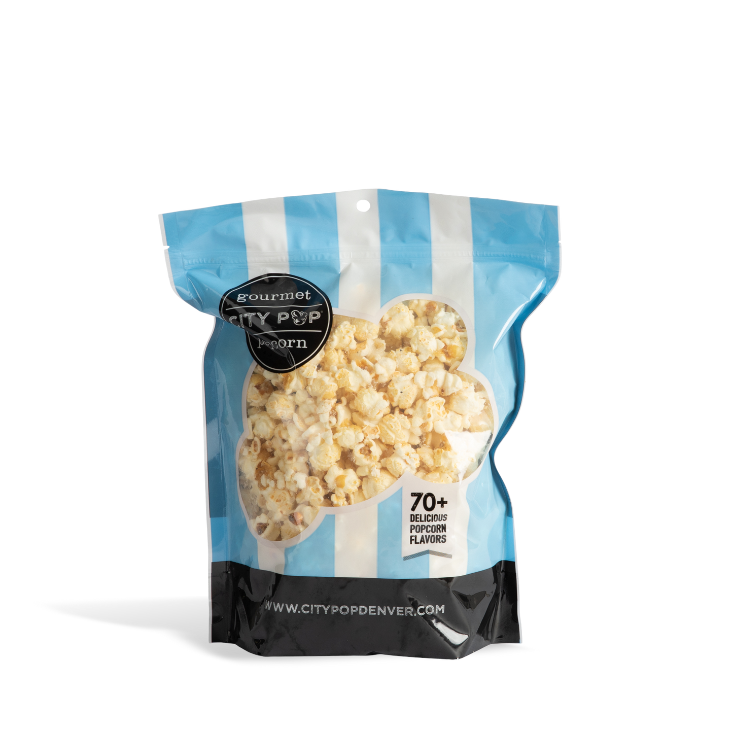 Bag of City Pop Parmesan Garlic popcorn with blue and white striped design on a white background