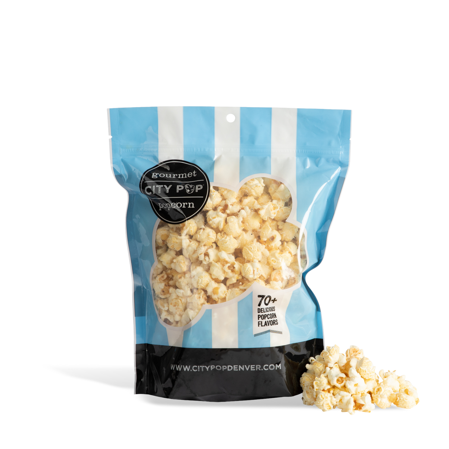 Bag of City Pop Parmesan Garlic popcorn with visible branding on a white background