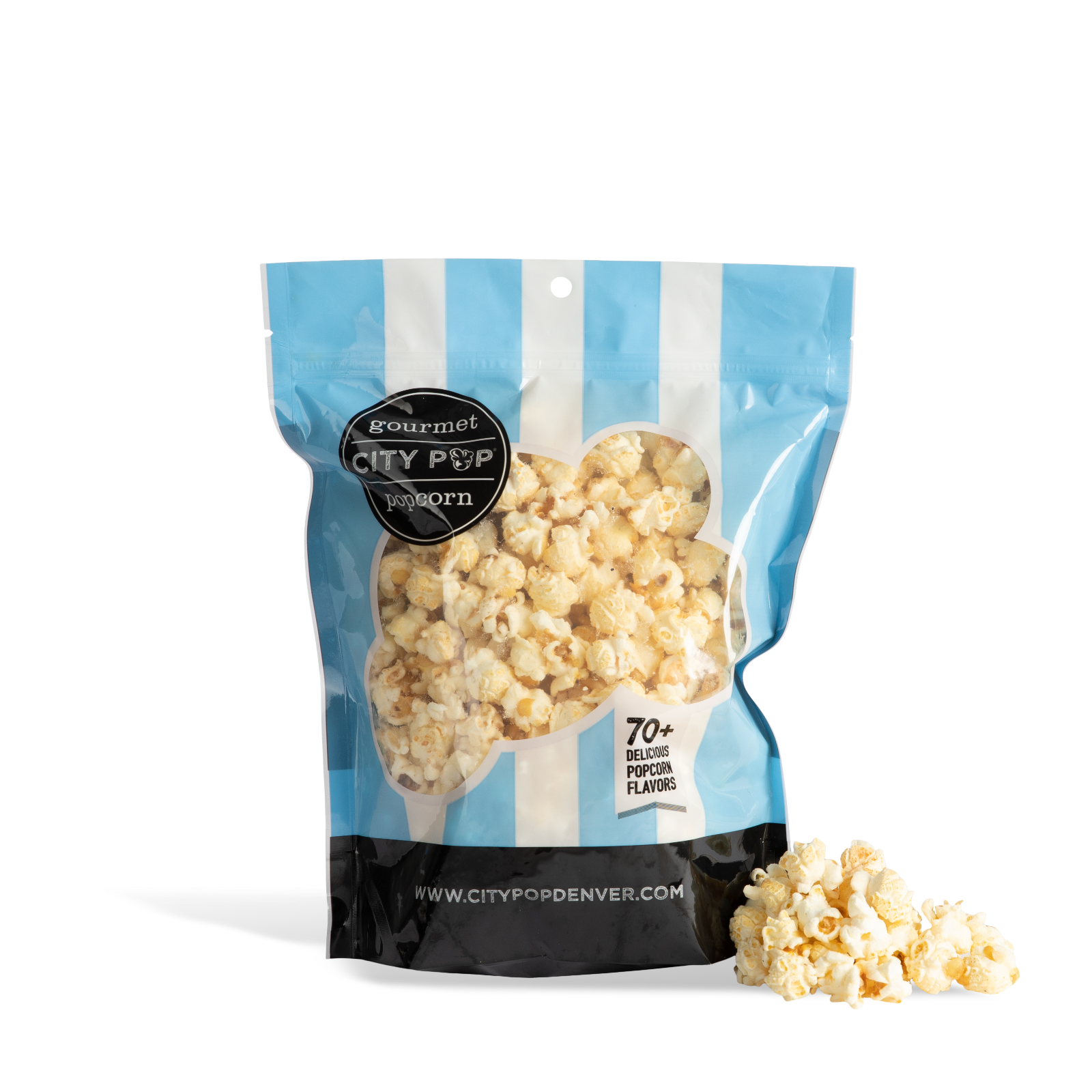 Bag of City Pop Parmesan Garlic popcorn with visible branding on a white background
