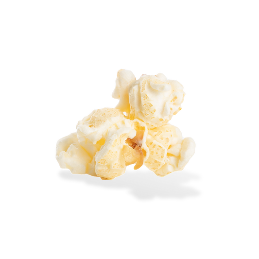 Three pieces of Parmesan Garlic popcorn on a white background
