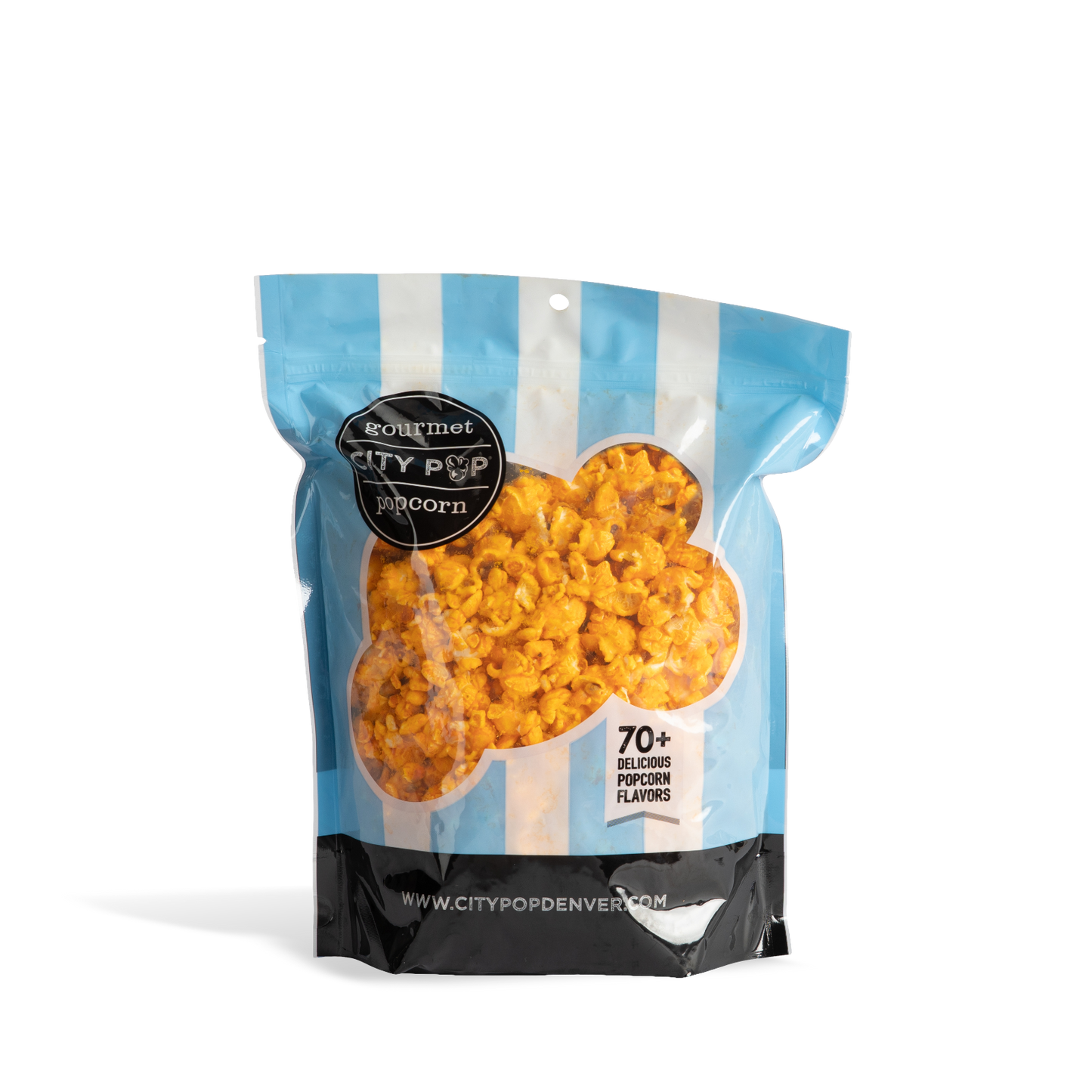 Bag of City Pop Pizza popcorn with blue and white striped design on a white background