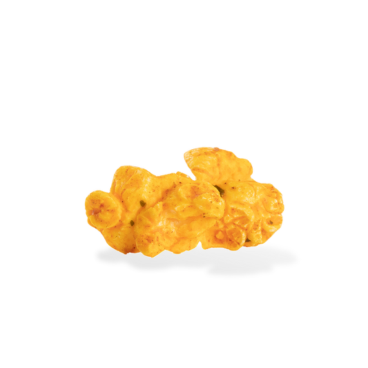 Three pieces of Pizza popcorn on a white background