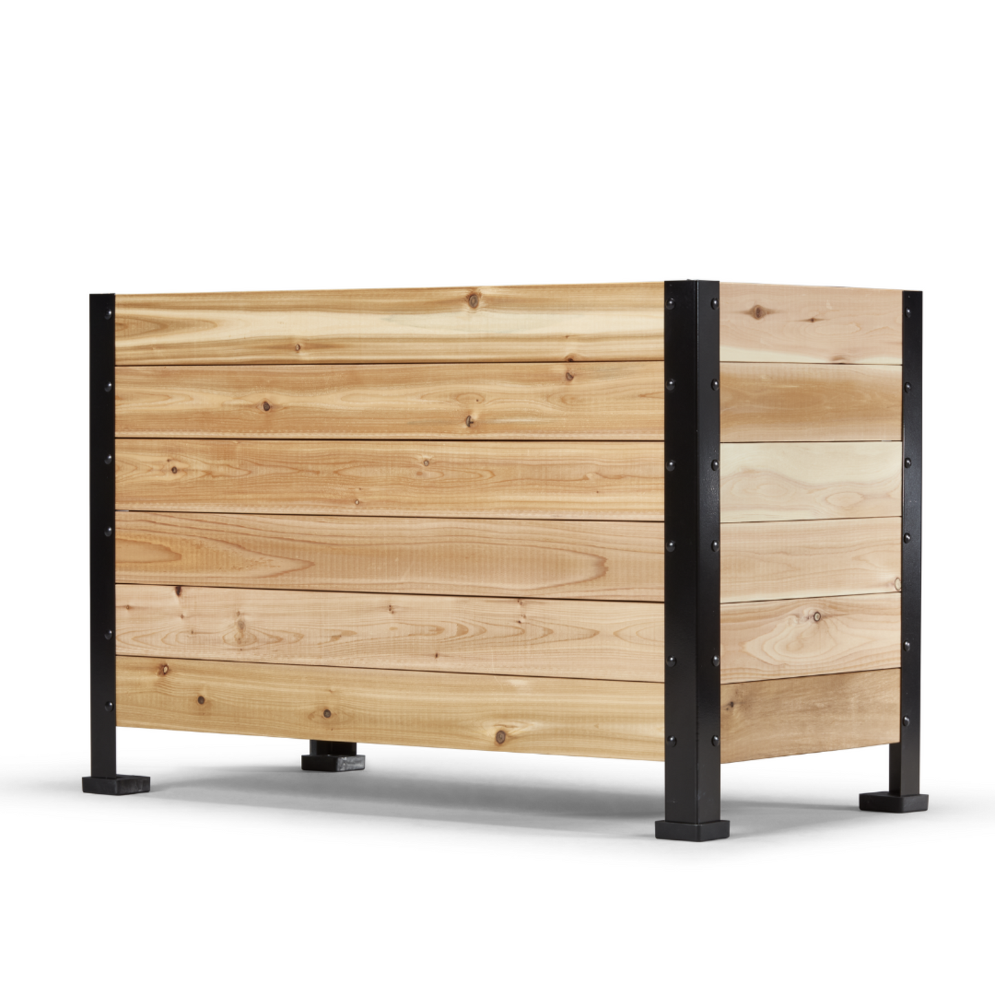 Cedar planter box with platform feet installed on a white background