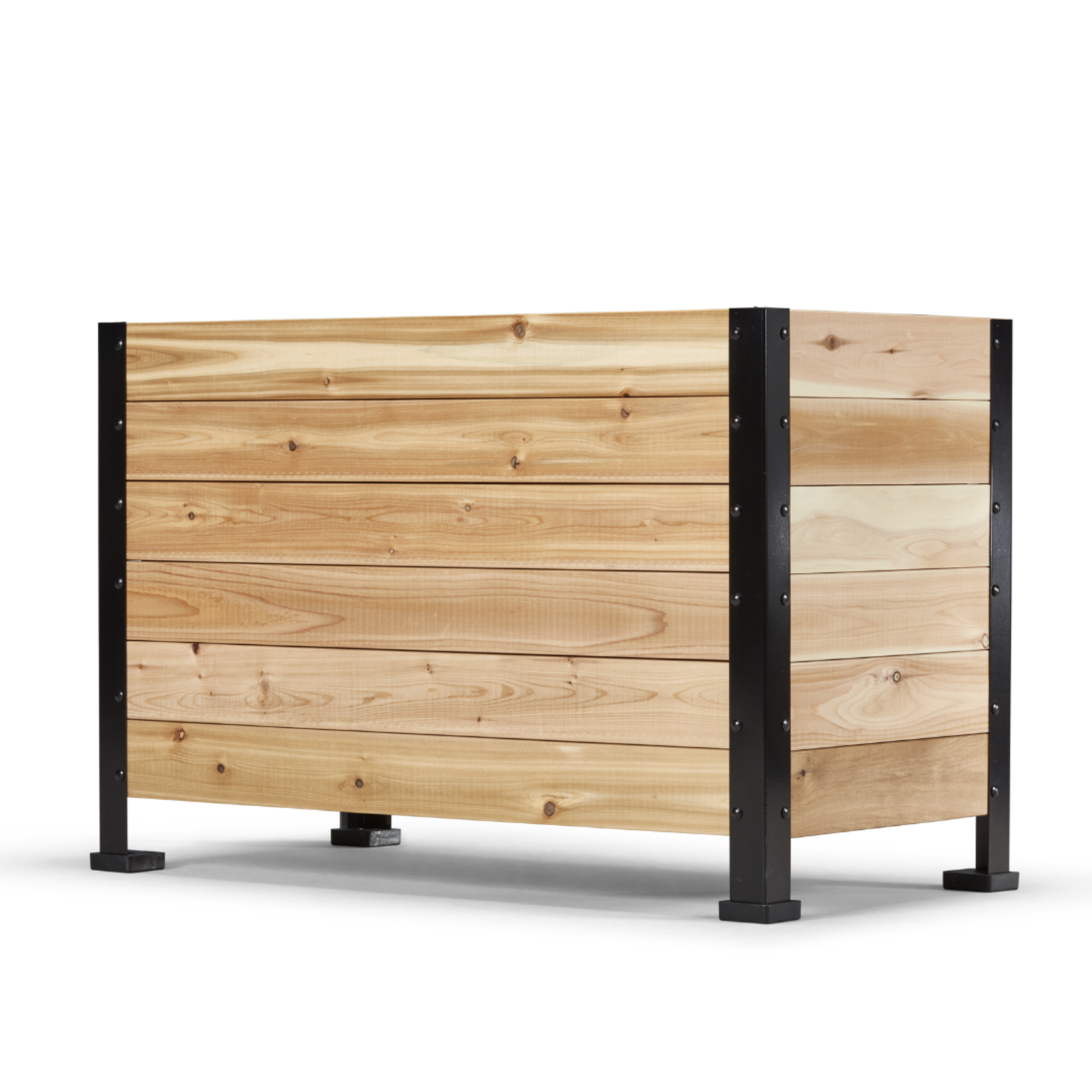 Cedar planter box with platform feet installed on a white background