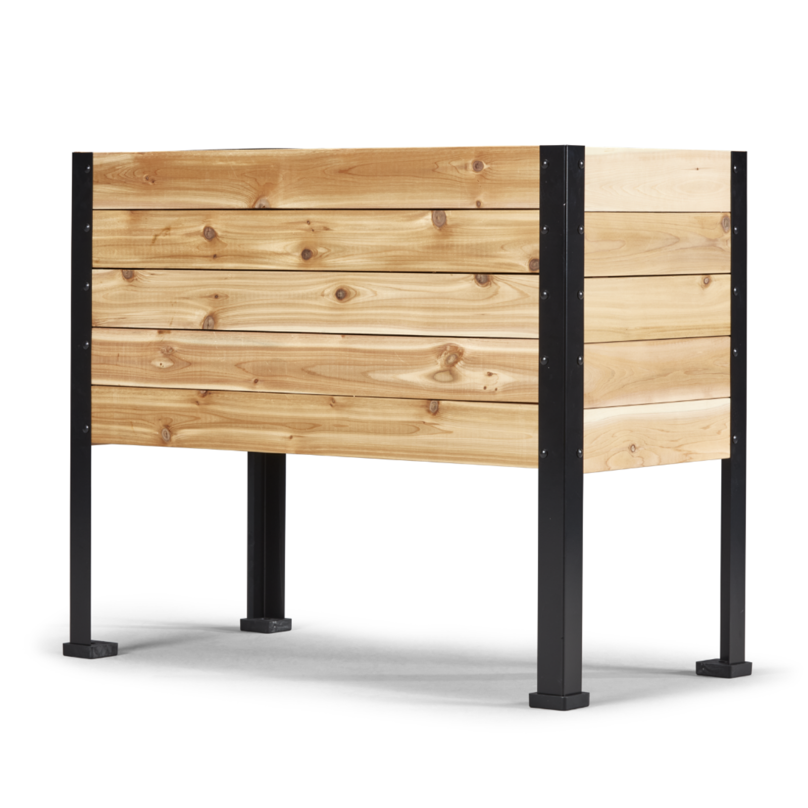 Cedar Planter raised gardenbed with platform feet installed on a white background