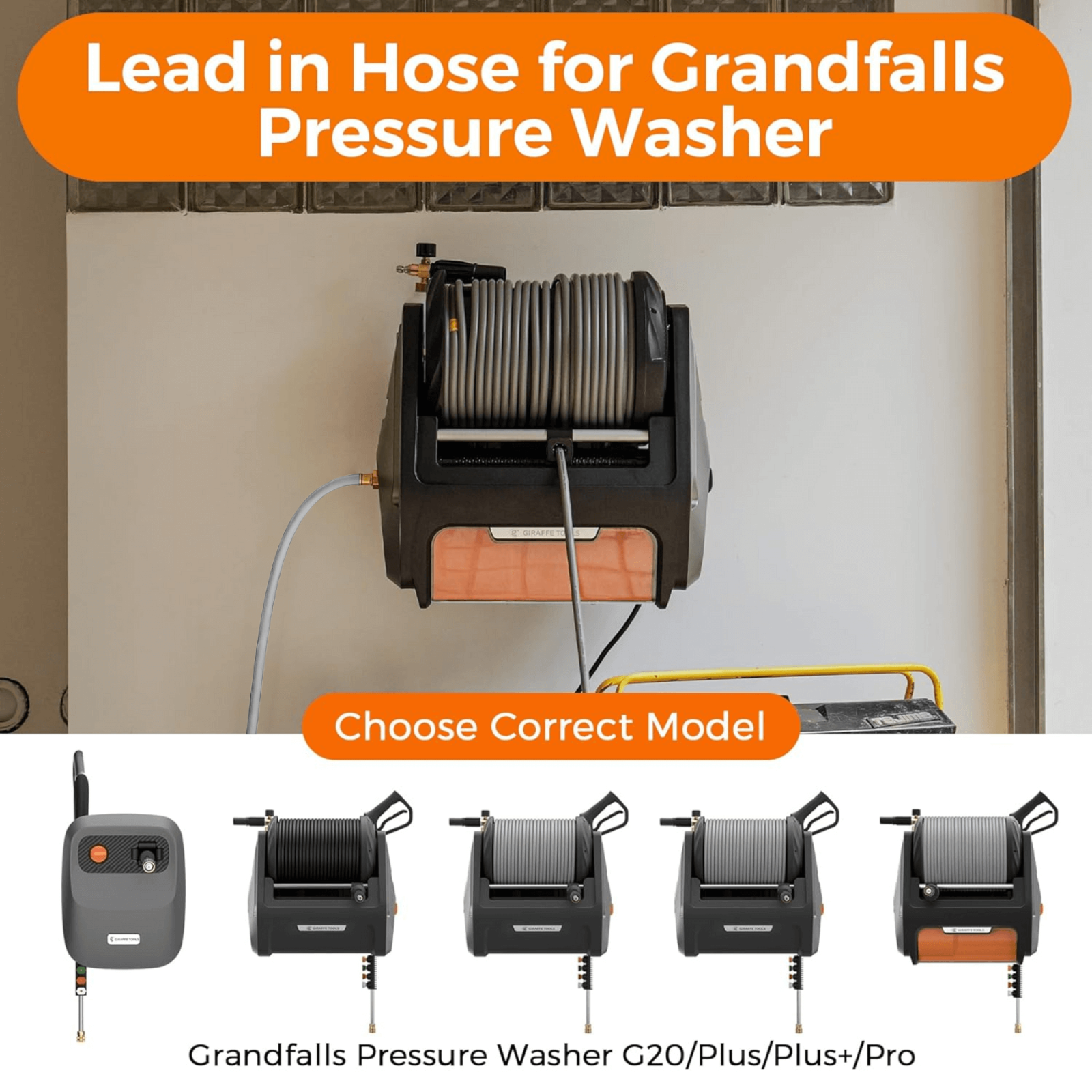 Leader hose for Grandfalls pressure washer with compatible models displayed below including Grandfalls Pressure Washer G20, Plus, Plus+, and Pro.