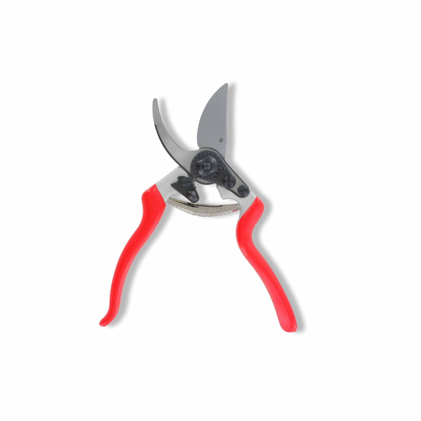 Gardening shears, open to display the blade, with red handles on a white background