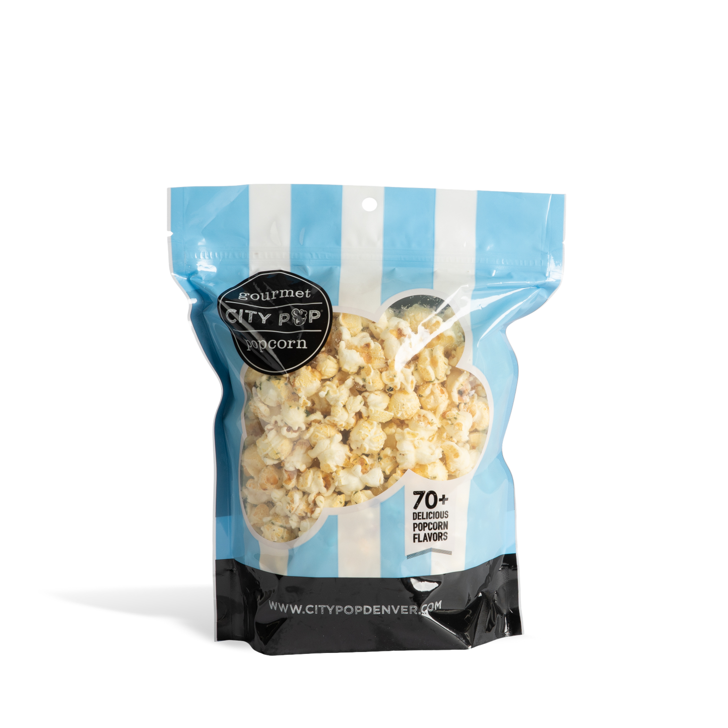 Bag of City Pop Ranch popcorn with blue and white striped design on a white background