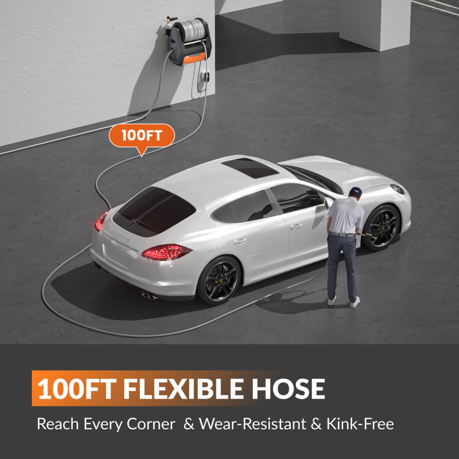 White car being washed with a 100ft retractable power washer flexible hose with features noted in text of: reach every corner, wear-resistant, and kink free hose. 