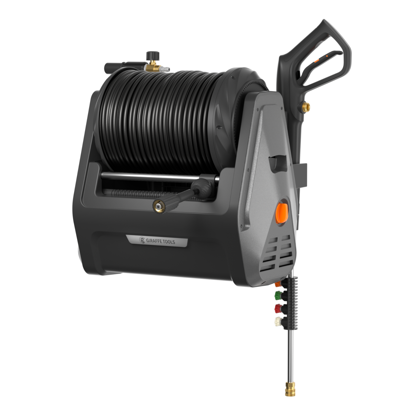 Retractable electric pressure washer with hose reel and nozzle on a white background