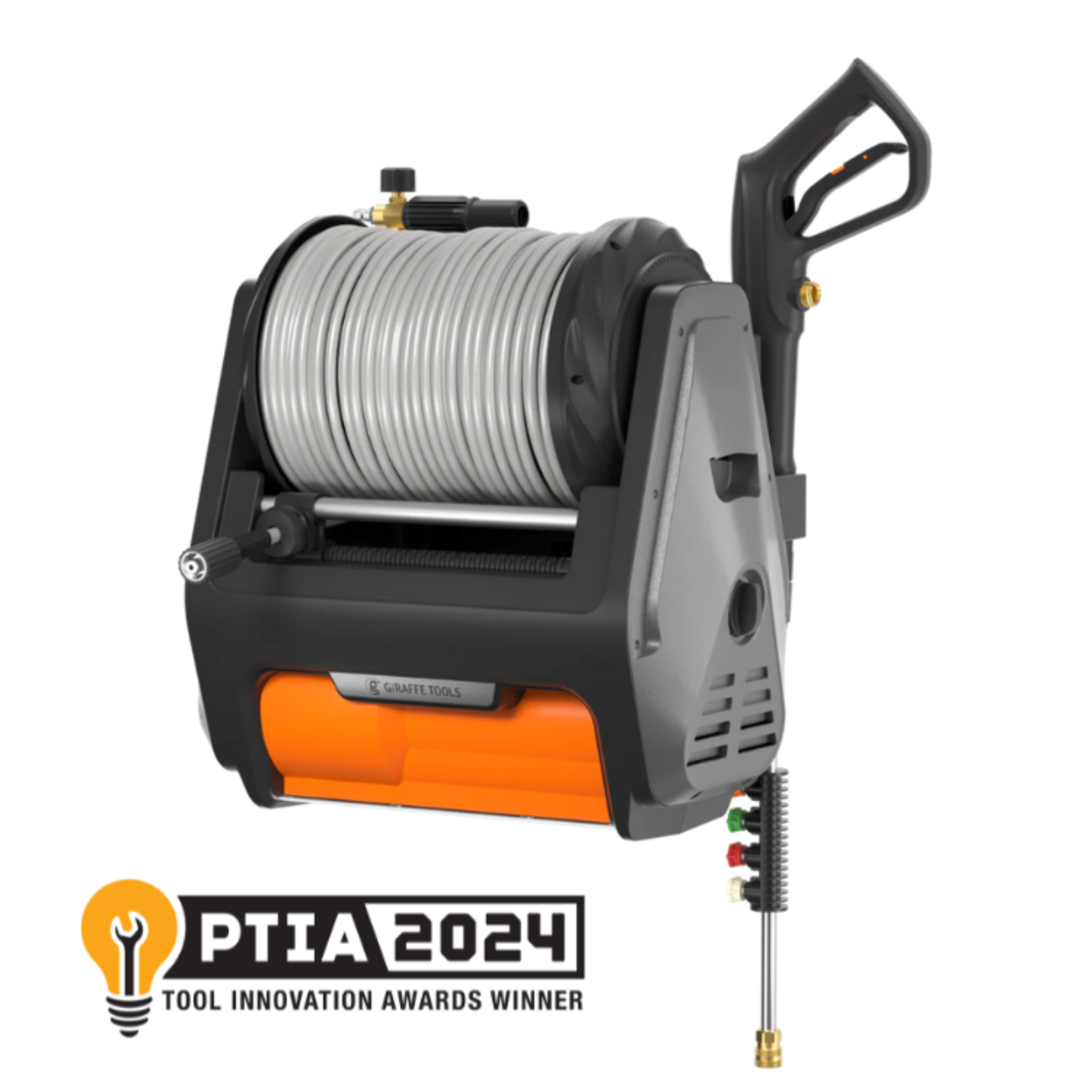 Retractable pressure washer on a white background, featuring PTIA 2024 award logo.