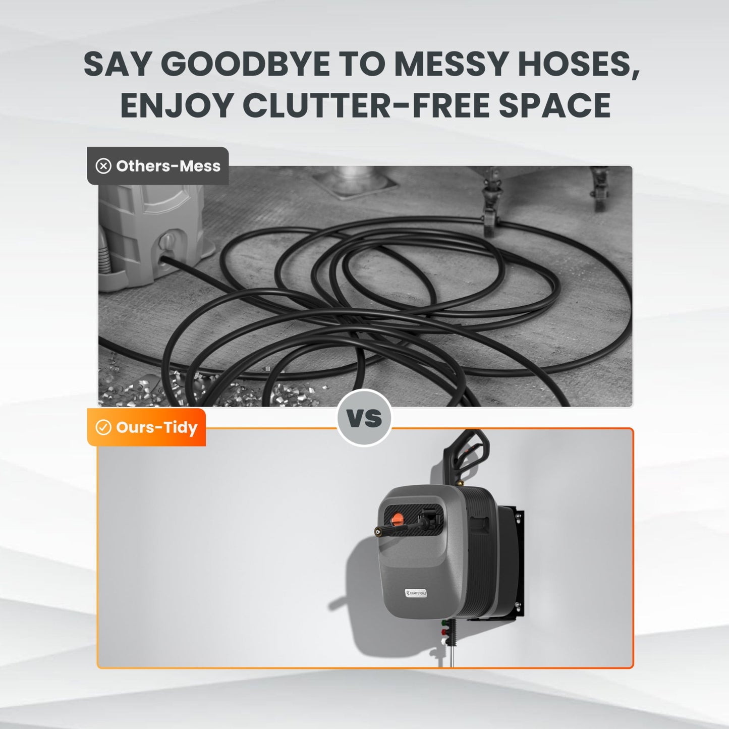 Retractable electric pressure washer installed on a wall showing a clutter free space compared to another pressure washer sitting on the ground with the hose laying on the ground making a mess.