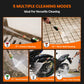 5  cleaning modes of the retractable electric pressure washer G20 with images and text on a black background. The five modes are: crevice cleaning with 0 degree angle on the spray, brick wall cleaning with 15 degree spray, wood cleaning at 25 degree spray, vehicle cleaning at 40 degree spray, and soap cleaning. 