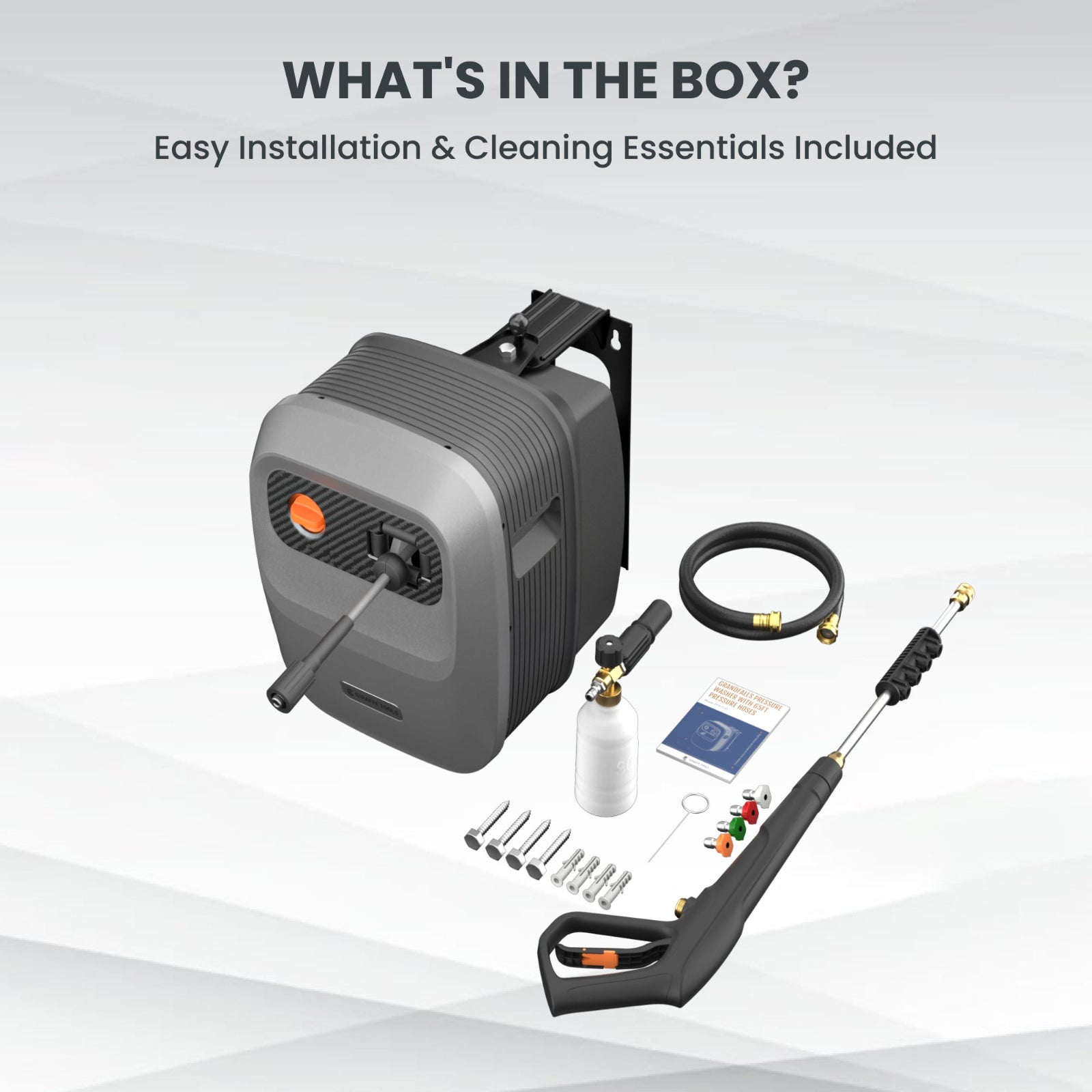 Retractable electric pressure washer with accessories included in package on a white background. 