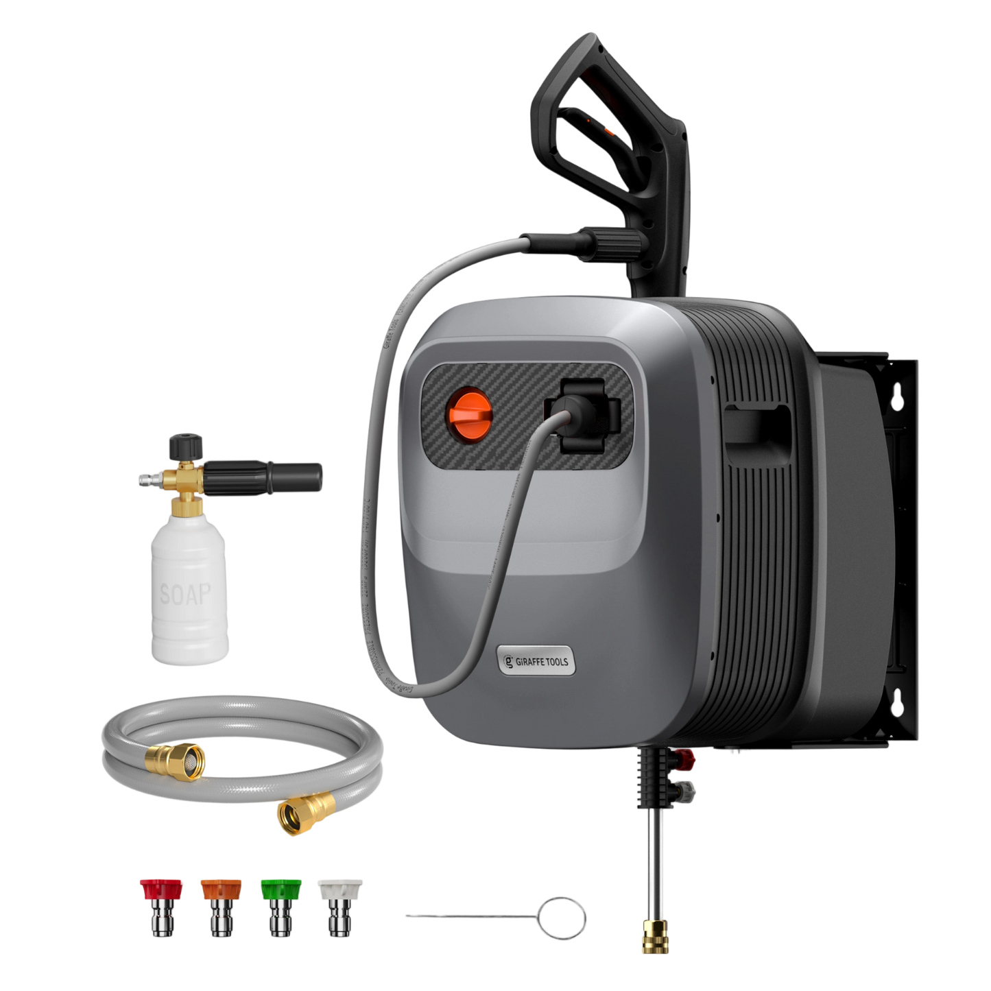Retractable electric pressure washer kit with hose, nozzle, and accessories on a white background