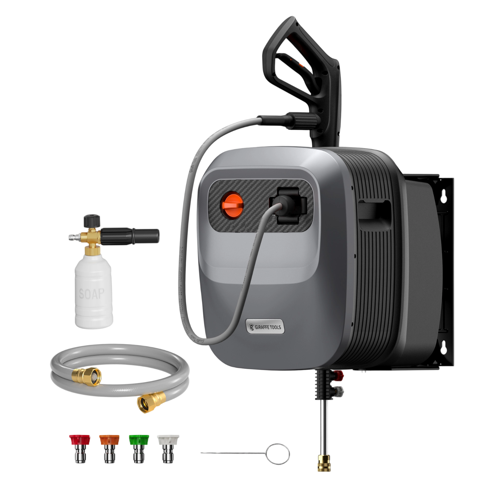 Retractable electric pressure washer kit with hose, nozzle, and accessories on a white background