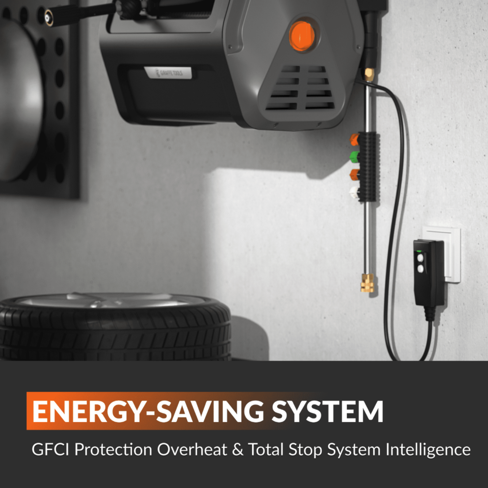 Retractable Electric Pressure Washer with energy-saving system features on a gray wall background featuring GFCI Protection Overheat and Total Stop System Intelligence.