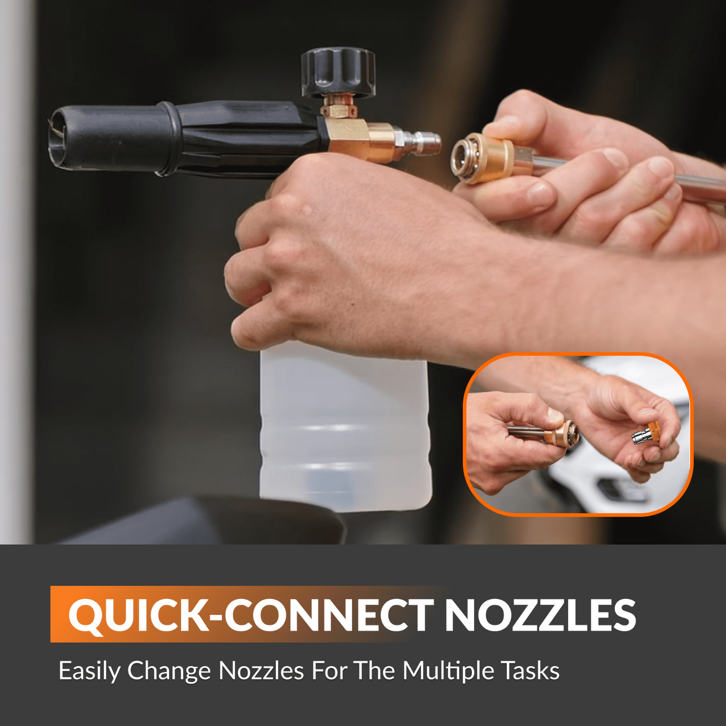 Quick-connect nozzles being used on a spray bottle with the retractable pressure washer plus model with text indicating easily change nozzles for multiple tasks.