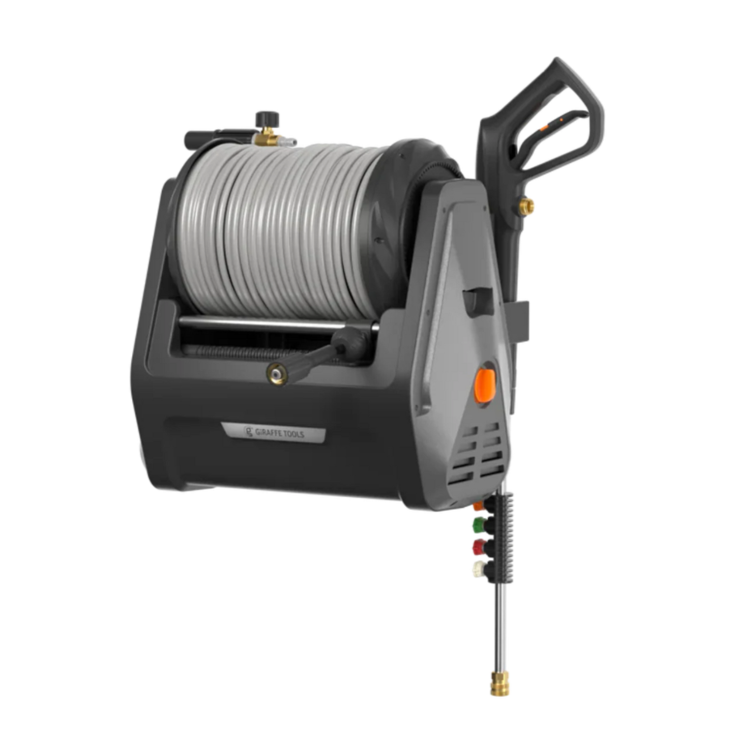 Retractable electric pressure washer with hose reel and nozzle on a white background