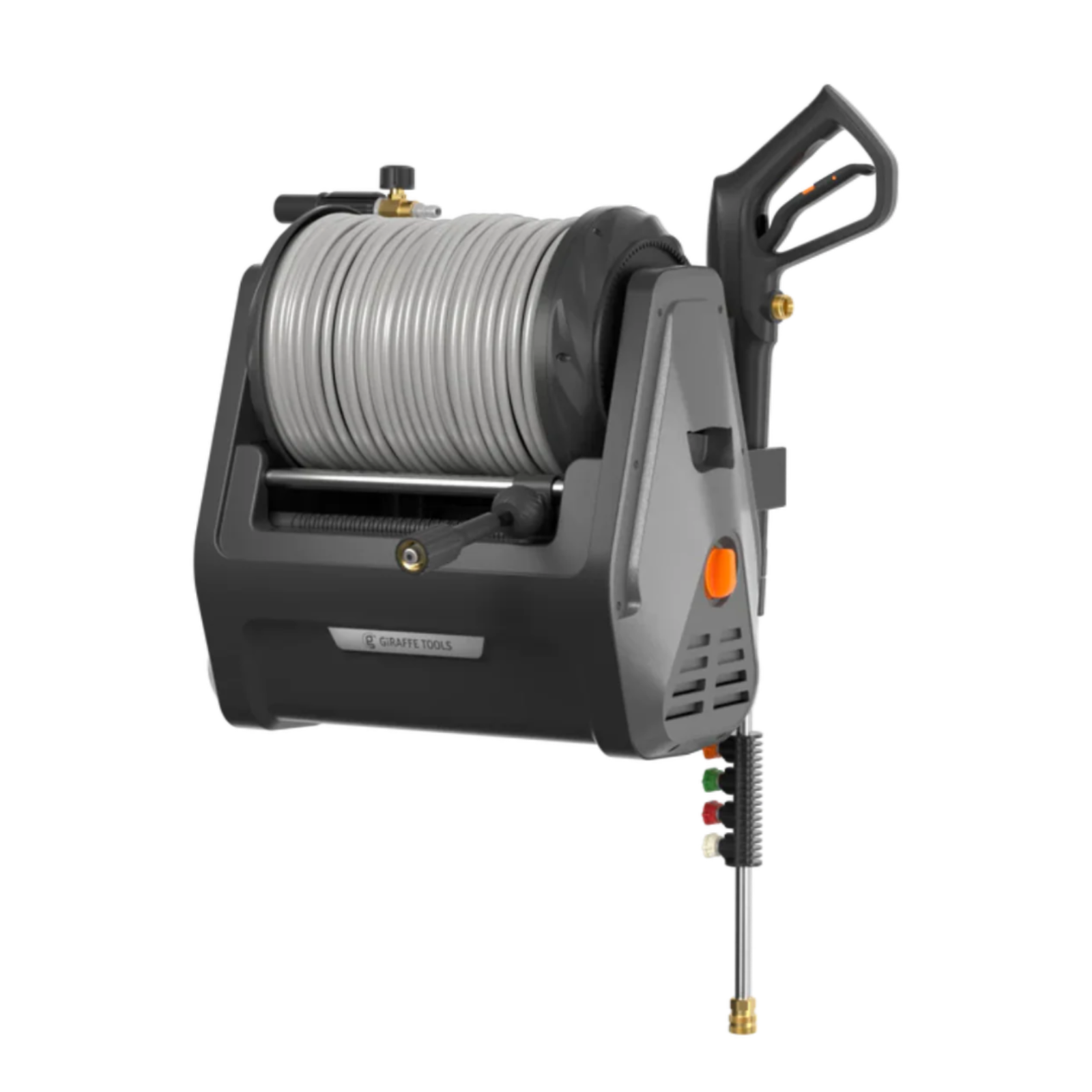 Retractable electric pressure washer with hose reel and nozzle on a white background