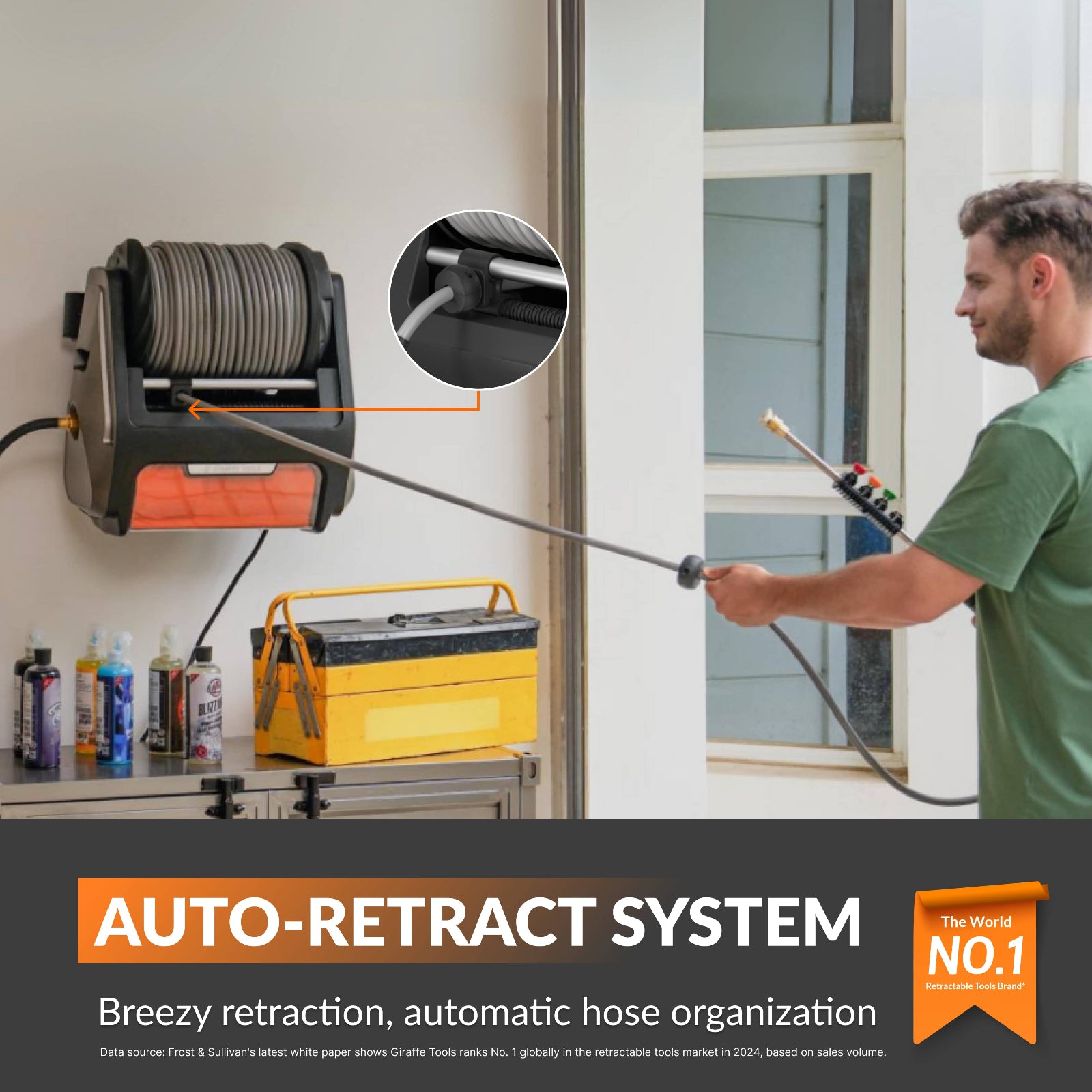 Man using the retractable pressure washer with an auto-retract system in a garage setting.