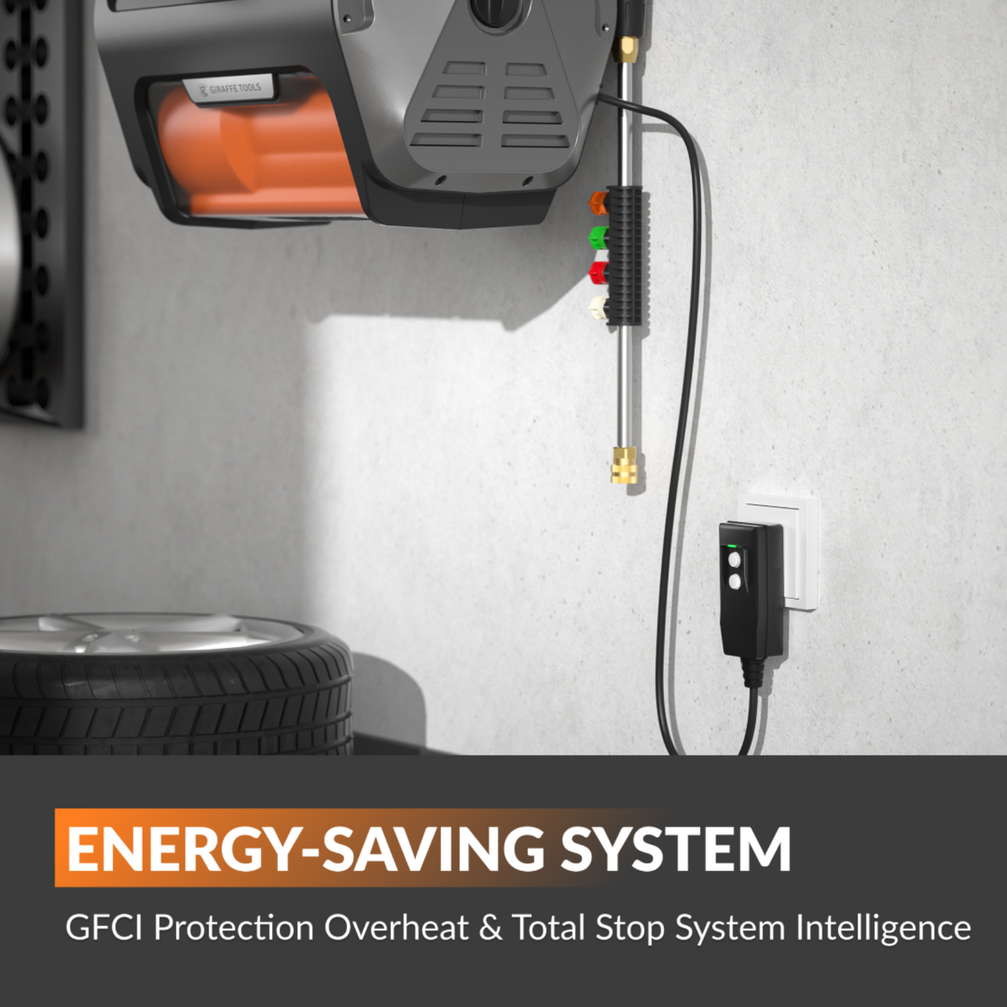 Retractable Electric Pressure Washer with energy-saving system features on a gray wall background featuring GFCI Protection Overheat and Total Stop System Intelligence.
