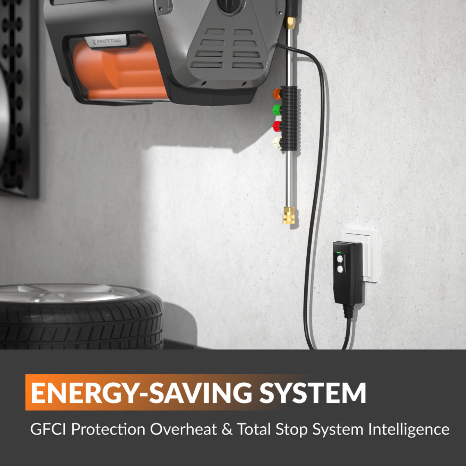 Retractable Electric Pressure Washer with energy-saving system features on a gray wall background featuring GFCI Protection Overheat and Total Stop System Intelligence.