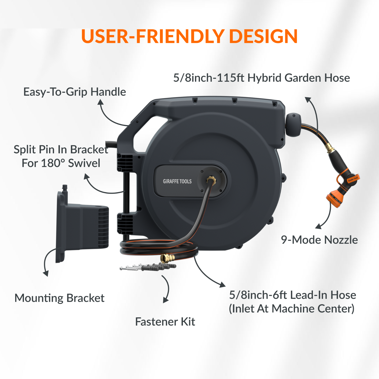 Retractable hose reel on a white background with labeled features including: easy to grip handle, 1/2 inch 115 foot hybrid garden hose, 9-mode nozzle, 5/8 inch 6 foot lead-in hose, fastener kit, mounting bracket, and a split pin in bracket for 180 degree swivel. 