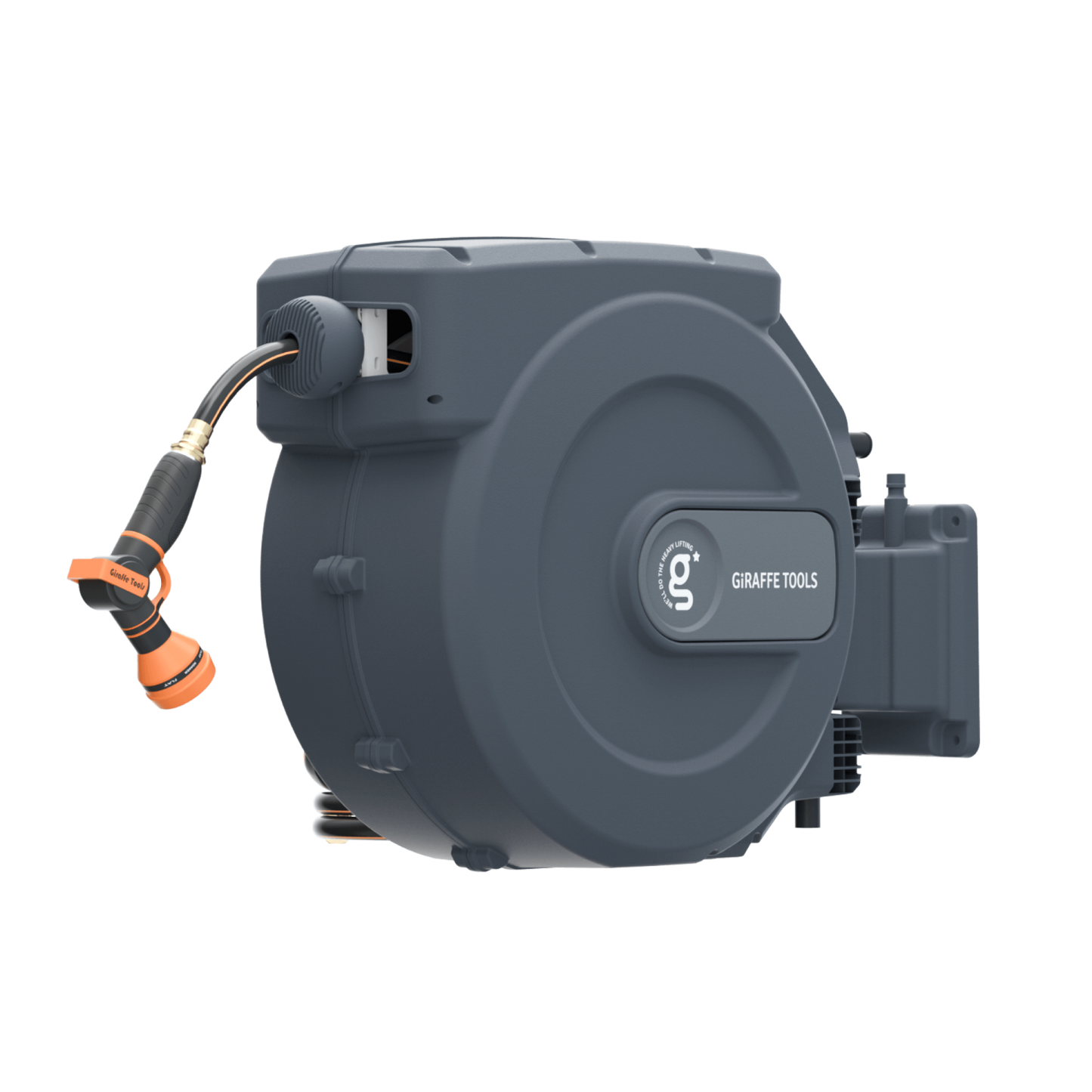 Retractable garden hose reel with hose and nozzle on a white background