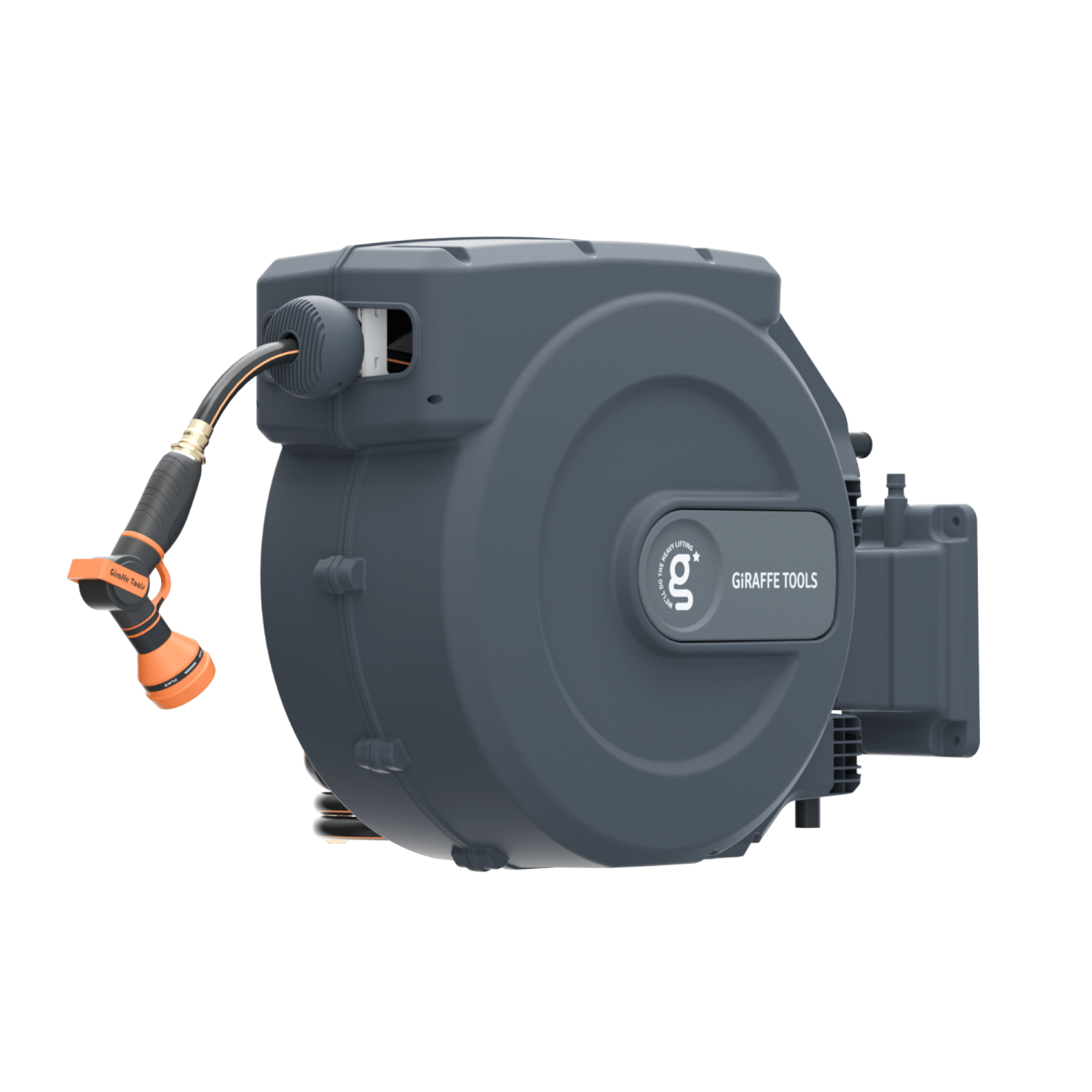 Retractable garden hose reel with hose and nozzle on a white background