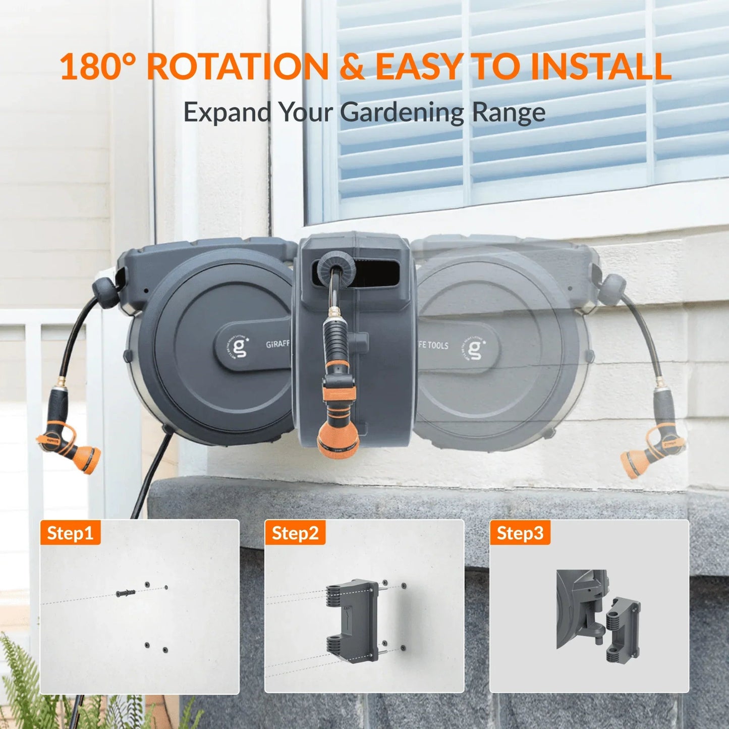 Retractable garden hose reel with spray nozzle installed on exterior of home, labeled '180° Rotation & Easy to Install', on a neutral background.