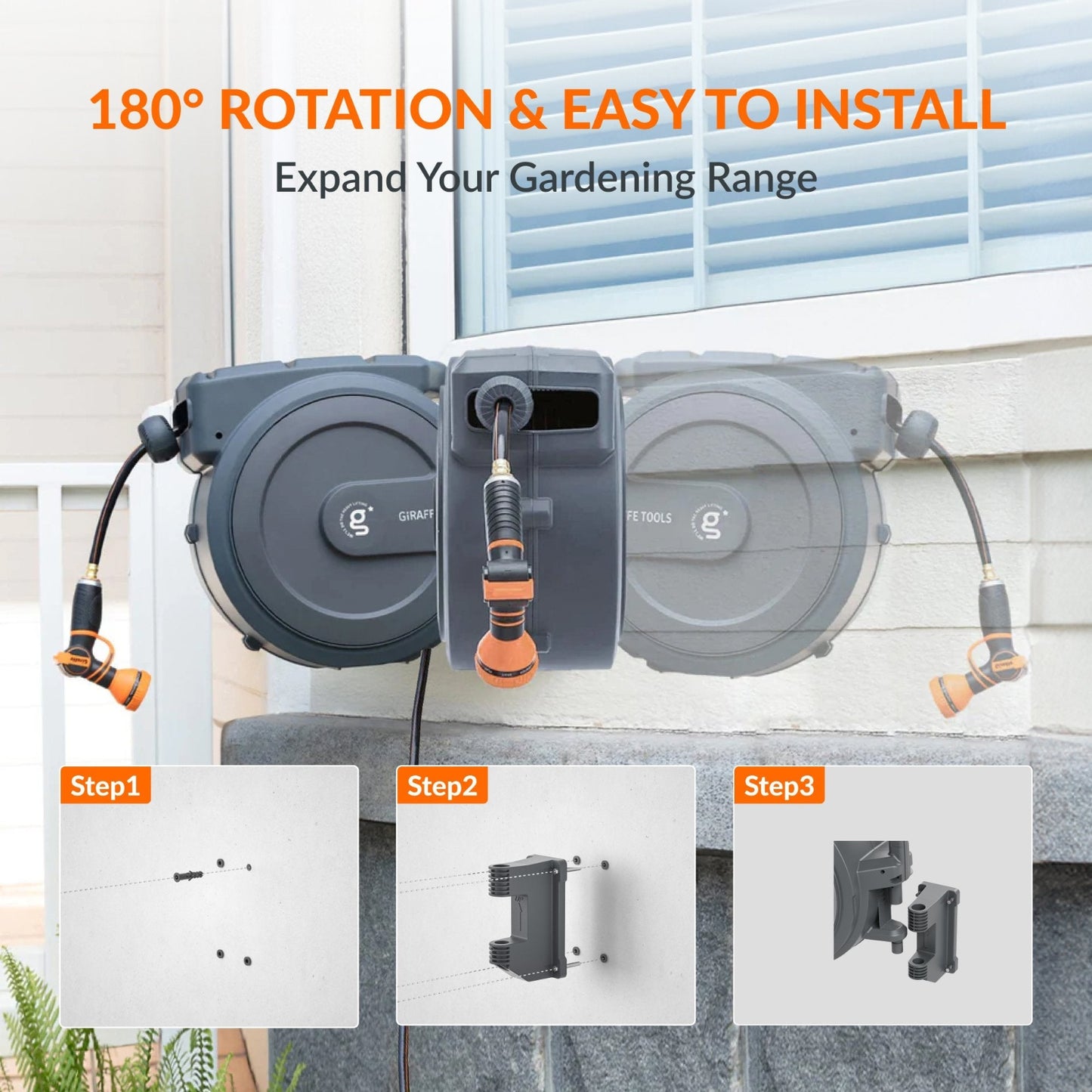 180-degree swivel bracket for the Retractable Garden Hose Reel installed on exterior wall of home and three step easy installation showing how to install.