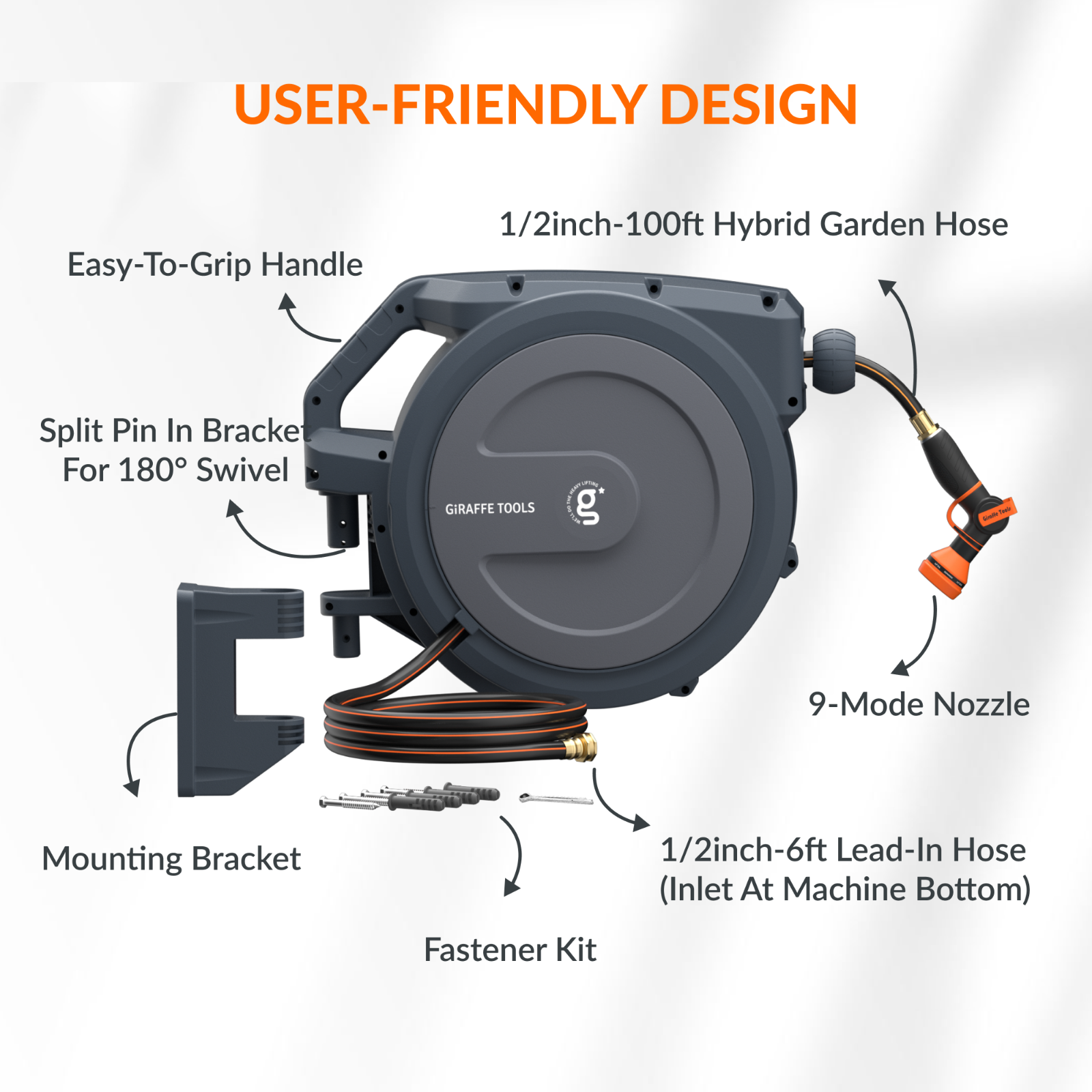 Retractable hose reel on a white background with labeled features including: easy to grip handle, 1/2 inch 100 foot hybrid garden hose, 9-mode nozzle, 1/2 inch 6 foot lead-in hose, fastener kit, mounting bracket, and a split pin in bracket for 180 degree swivel. 
