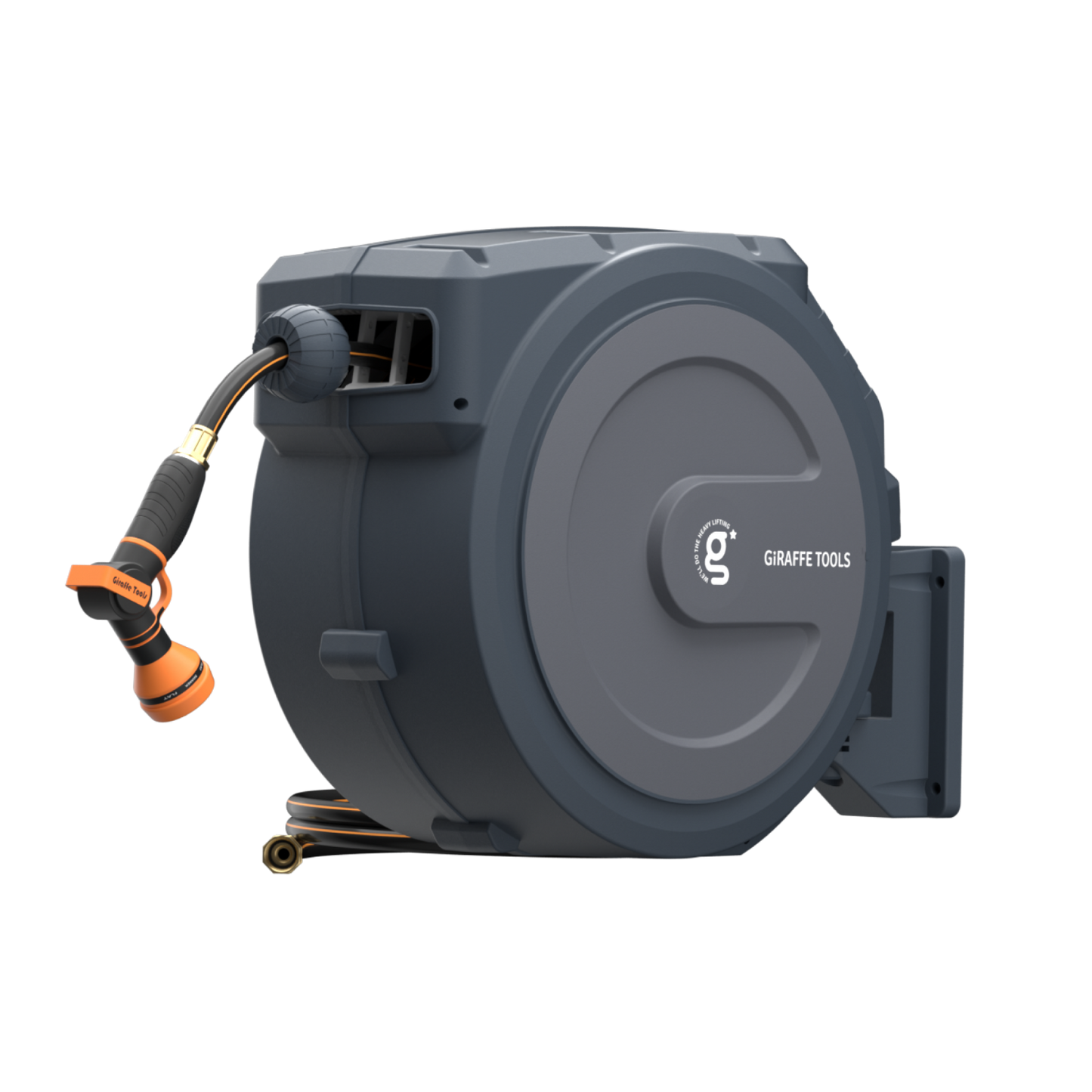 Retractable garden hose reel with hose and nozzle on a white background