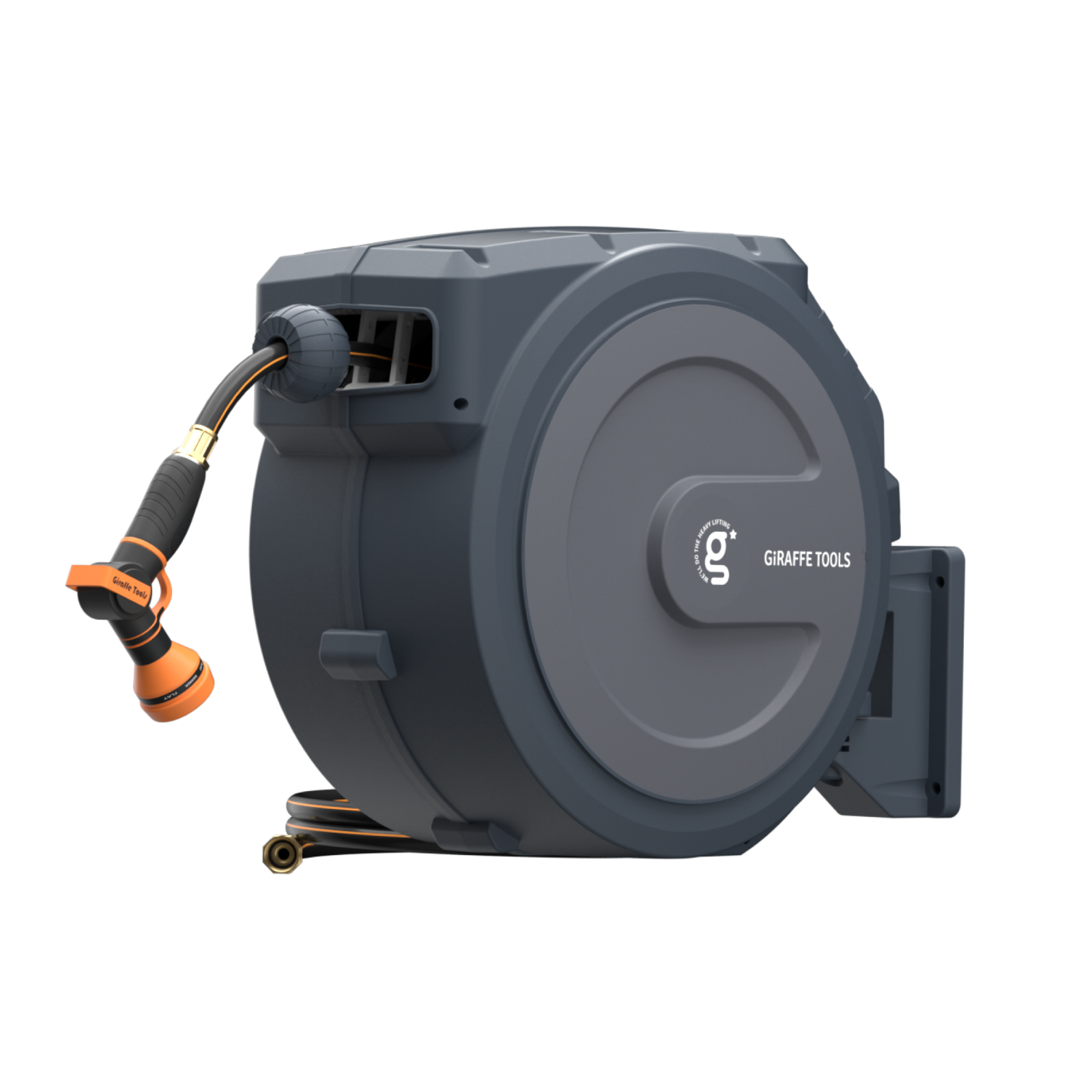 Retractable garden hose reel with hose and nozzle on a white background