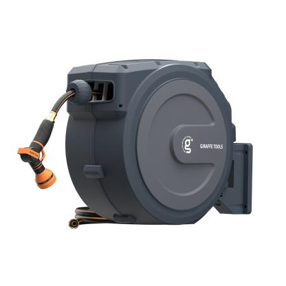 Retractable garden hose reel with hose and nozzle on a white background