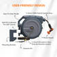 Retractable hose reel on a white background with labeled features including: easy to grip handle, 1/2 inch 130 foot hybrid garden hose, 9-mode nozzle, 1/2 inch 6 foot lead-in hose, fastener kit, mounting bracket, and a split pin in bracket for 180 degree swivel. 