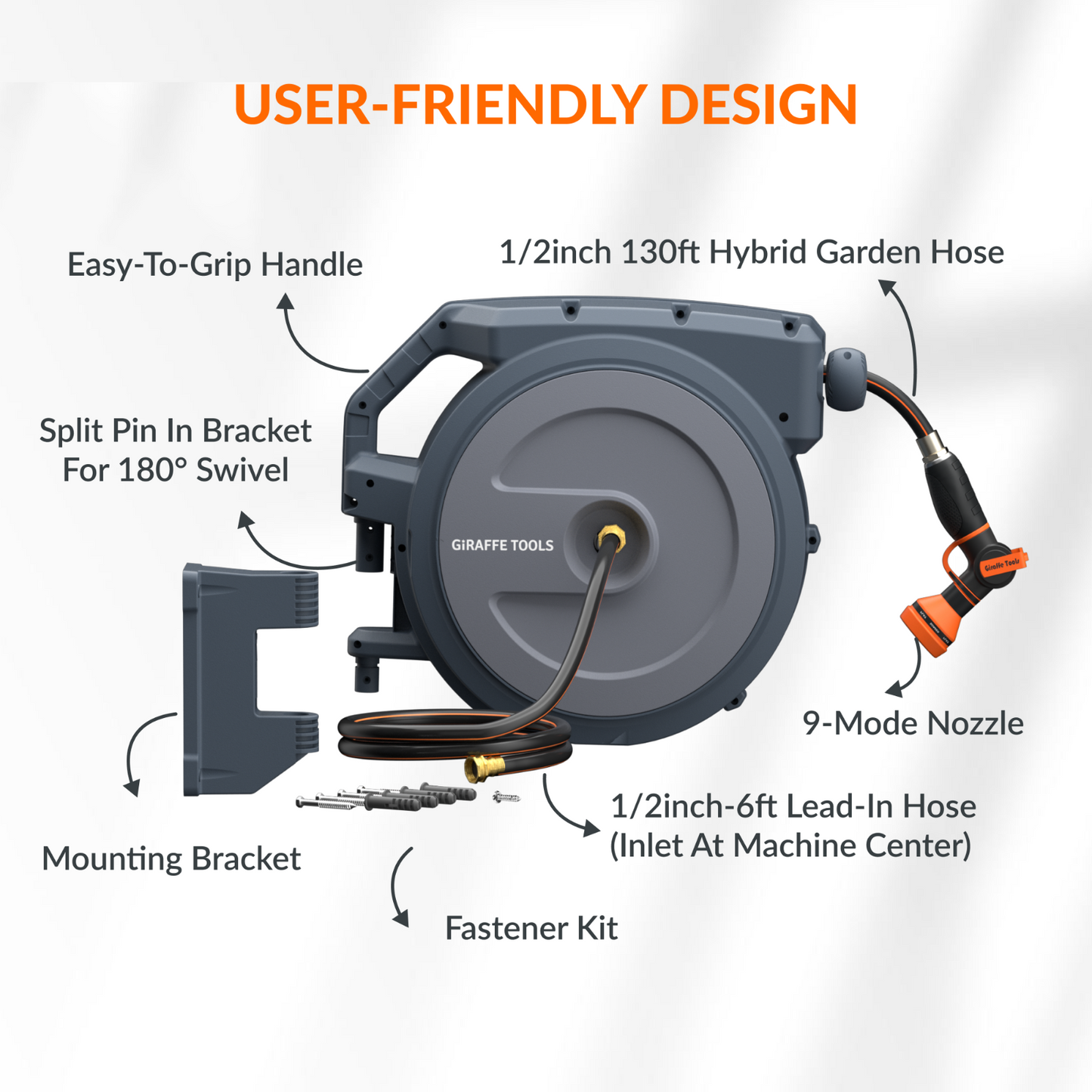 Retractable hose reel on a white background with labeled features including: easy to grip handle, 1/2 inch 130 foot hybrid garden hose, 9-mode nozzle, 1/2 inch 6 foot lead-in hose, fastener kit, mounting bracket, and a split pin in bracket for 180 degree swivel. 