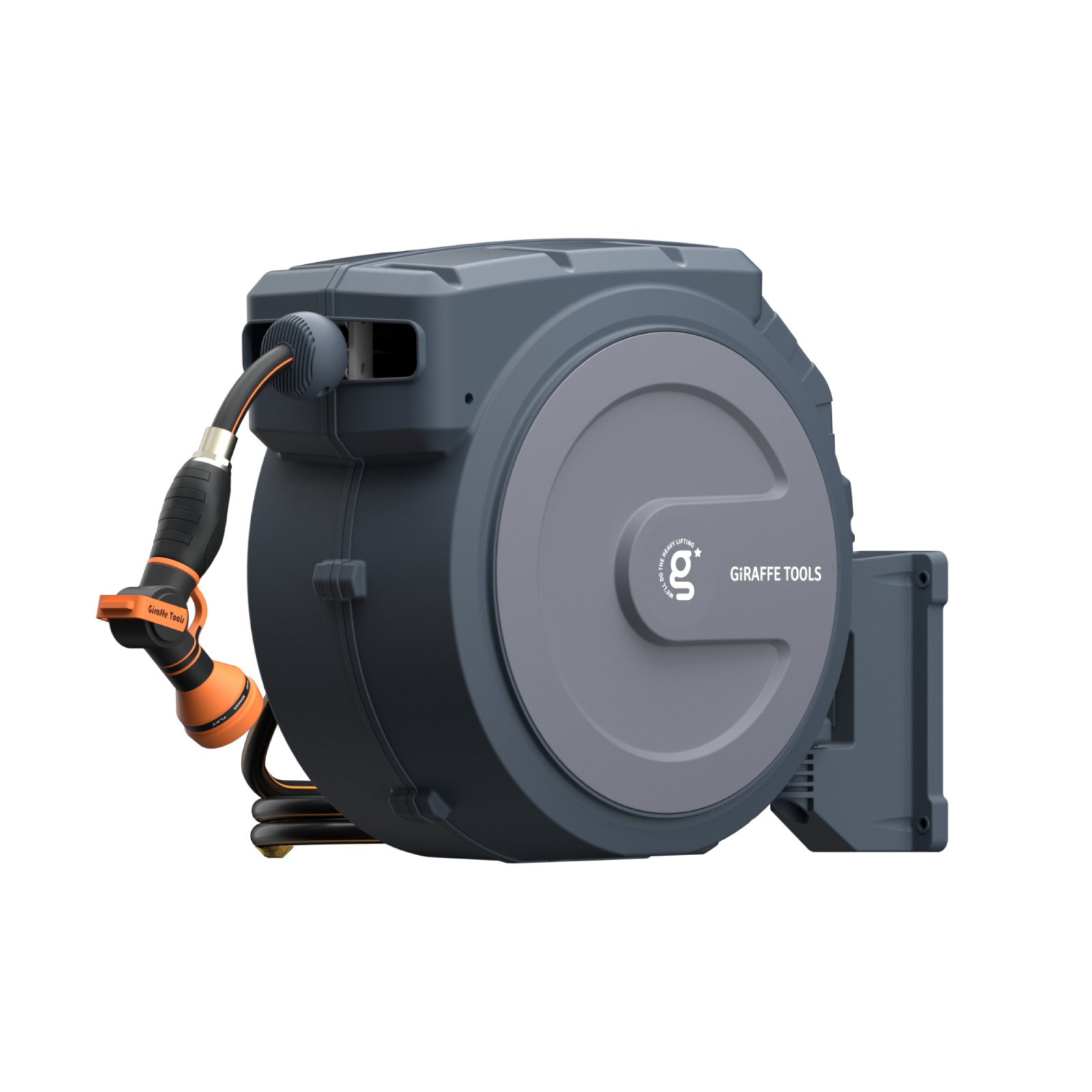 Retractable garden hose reel with hose and nozzle on a white background