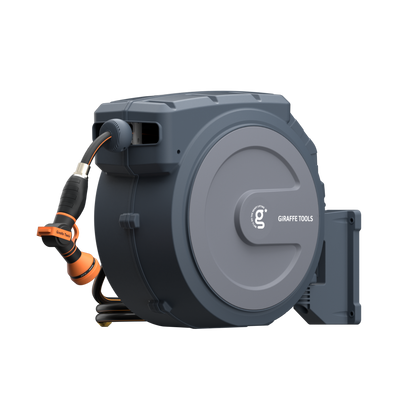 Retractable garden hose reel with hose and nozzle on a white background