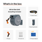 Retractable Garden Hose Reel unit pictured on a white background with all items included in the box: the all-in-one hose reel unit, a leader hose, mounting bracket, product manual, anchor kit, and spray nozzle.