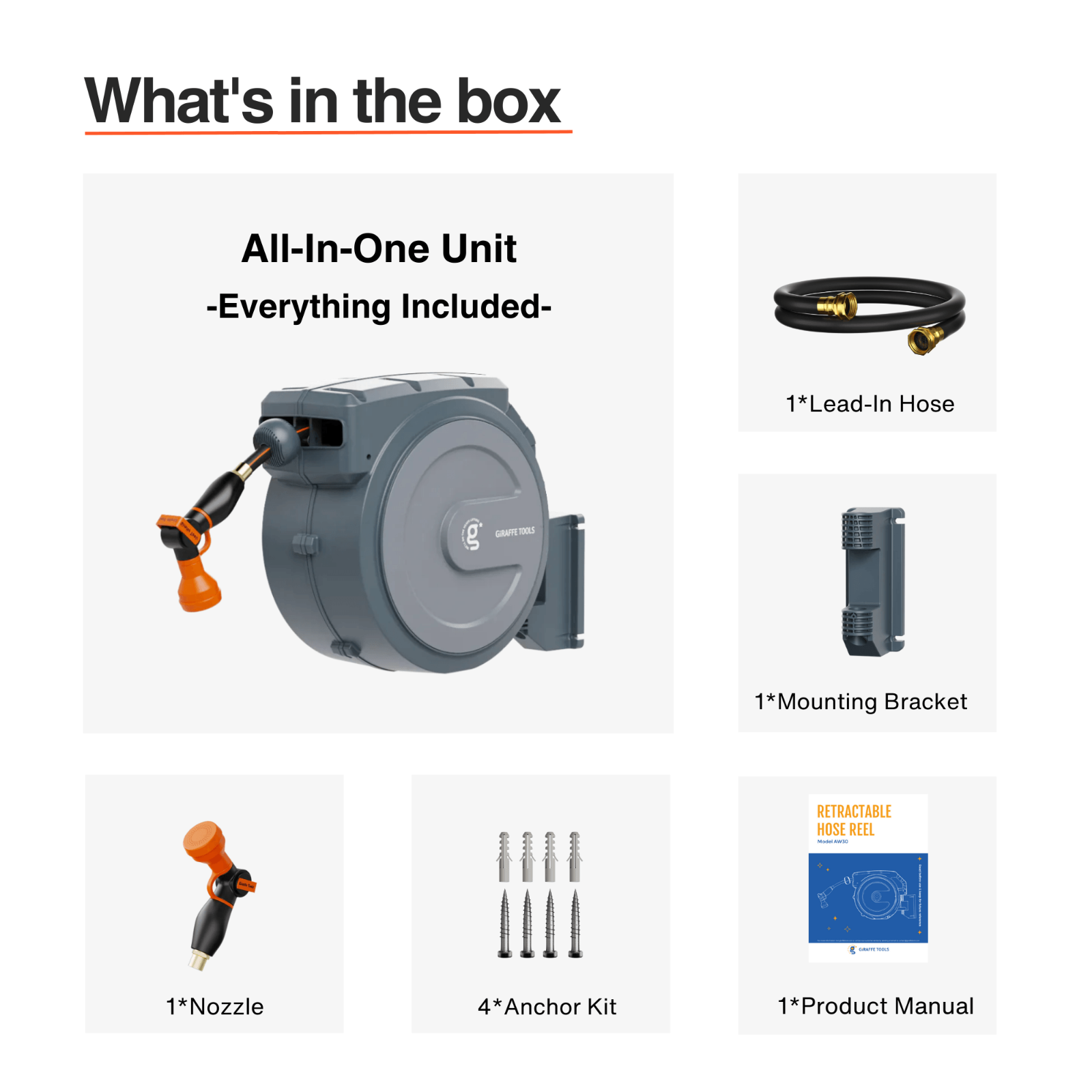 Retractable Garden Hose Reel unit pictured on a white background with all items included in the box: the all-in-one hose reel unit, a leader hose, mounting bracket, product manual, anchor kit, and spray nozzle.