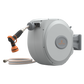 Retractable garden hose reel in light grey on a white background